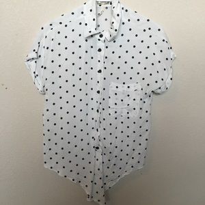 Kirra black and white polka dot button down top with tie size Small collar